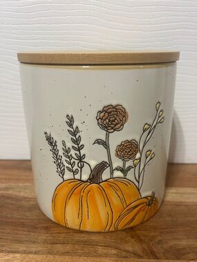 Spectrum Designz Fall Floral Pumpkin Canister Speckled Cream Wood Lid 5” NEW